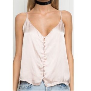 Brandy Melville pink satin button up griffin top